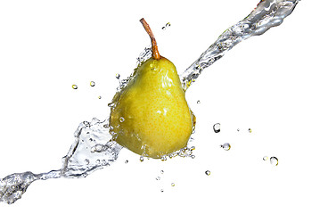 Image showing yellow pear with water splash isolated on white