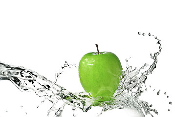 Image showing fresh water splash on green apple isolated on white