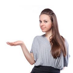 Image showing portrait of smiling woman with hand isolated on white 