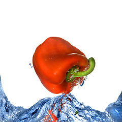 Image showing Red pepper with splash of blue water isolated on white