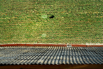 Image showing Old green bricks wall and shiver roof