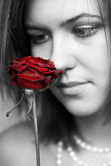 Image showing black and white portrait of woman looking at red rose