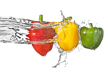 Image showing red, yellow and green pepper with water splash isolated on white