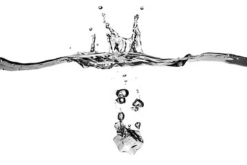 Image showing ice cube dropped into water with splash isolated on white