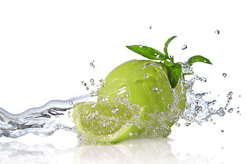 Image showing Water splash on lime with mint isolated on white