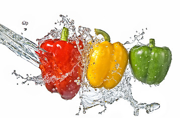Image showing red, yellow and green pepper with water splash isolated on white