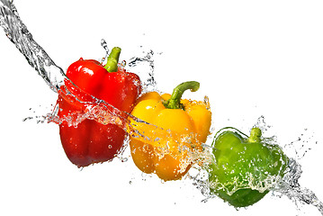 Image showing red, yellow and green pepper with water splash isolated on white