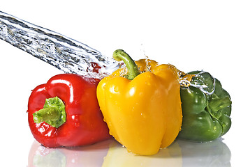 Image showing red, yellow and green pepper with water splash isolated on white