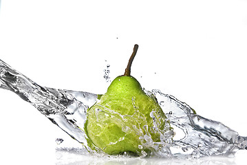 Image showing fresh water splash on green pear isolated on white