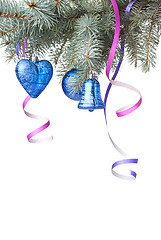 Image showing Christmas balls and decoration on fir tree branch isolated on wh