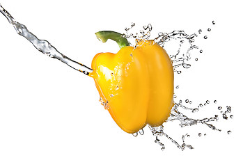 Image showing fresh water splash on yellow sweet pepper isolated on white