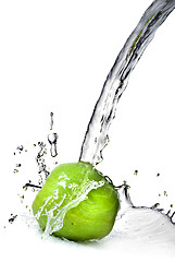 Image showing fresh water splash on green apple isolated on white