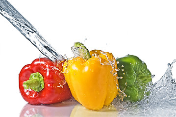 Image showing red, yellow and green pepper with water splash isolated on white