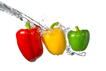 Image showing red, yellow, green pepper with water splash isolated on white