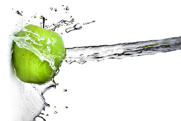 Image showing fresh water splash on green apple isolated on white