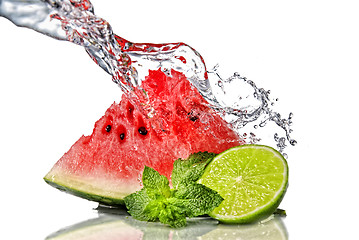 Image showing watermelon, lime, mint and water splash isolated on white