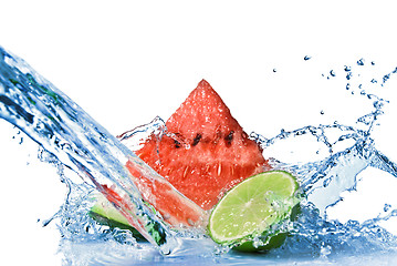 Image showing  watermelon, lime and water splash isolated on white