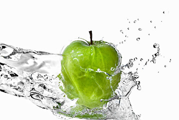 Image showing fresh water splash on green apple isolated on white