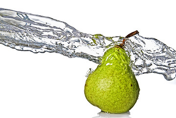 Image showing fresh water splash on green pear isolated on white