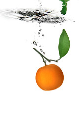 Image showing tangerine dropped into water with bubbles on white