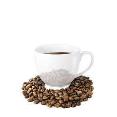 Image showing Coffee cup with coffee beans isolated on white