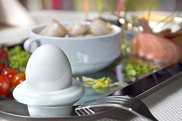 Image showing Close up english breakfast with egg