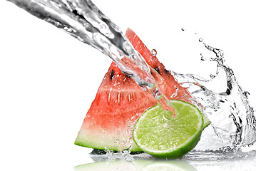 Image showing watermelon, lime and water splash isolated on white