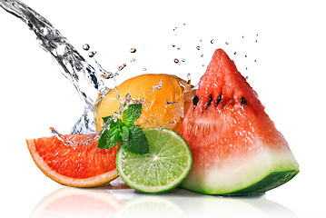 Image showing Water splash on fresh fruits isolated on white