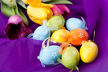 Image showing color easter eggs with tulips 