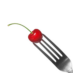 Image showing red cherry on fork isolated on white