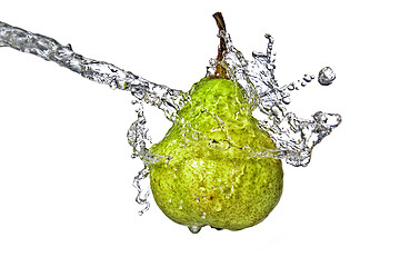 Image showing fresh water splash on green pear isolated on white