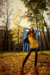 Image showing Woman in blue jaket posing in autumn park