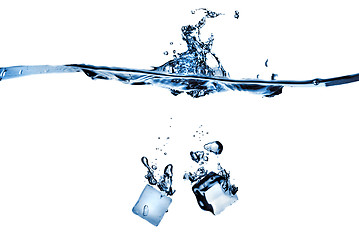 Image showing ice cubes dropped into water with splash isolated on white