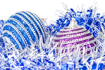 Image showing pink and blue christmas balls with decoration isolated on white