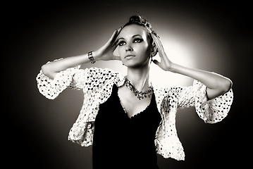 Image showing black and white portrait of beautiful glamour woman in studio