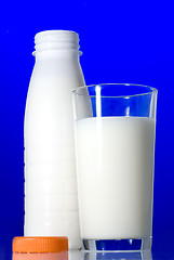 Image showing Milk in glass and open bottle isolated on blue