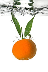 Image showing tangerine dropped into water with bubbles on white