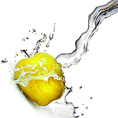 Image showing fresh water splash on yellow apple isolated on white