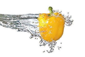 Image showing fresh water splash on yellow sweet pepper isolated on white