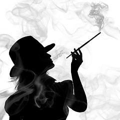 Image showing silhouette of smoking woman isolated on a white background