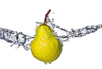 Image showing yellow pear with water splash isolated on white