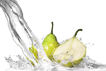 Image showing fresh water splash on green pear isolated on white