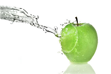 Image showing fresh water splash on green apple isolated on white