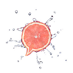 Image showing Grapefruit in shape of dialog box with water drops isolated on w