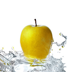 Image showing fresh water splash on yellow apple isolated on white