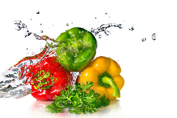 Image showing red, yellow, green pepper and parsley with water splash isolated