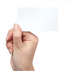 Image showing Woman hand holding empty visiting card isolated on white