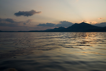 Image showing landscape with sea and mountains on sunset