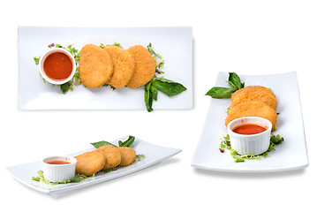 Image showing spicy cheese cakes with sauce on the plate