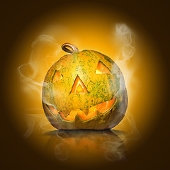 Image showing halloween pumpkin on yellow with smoke